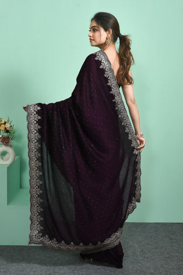 Violet Floral Embroidered Silk Blend Saree (RSMQQJ6C3806)