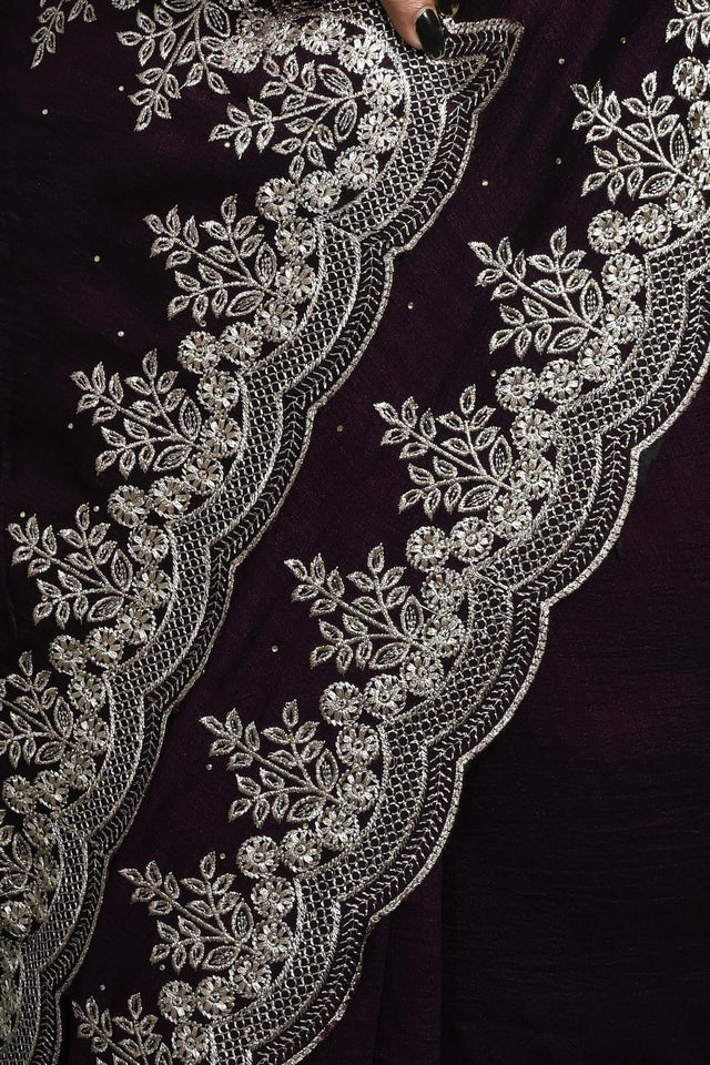 Violet Floral Embroidered Silk Blend Saree (RSMQQJ6C3806)