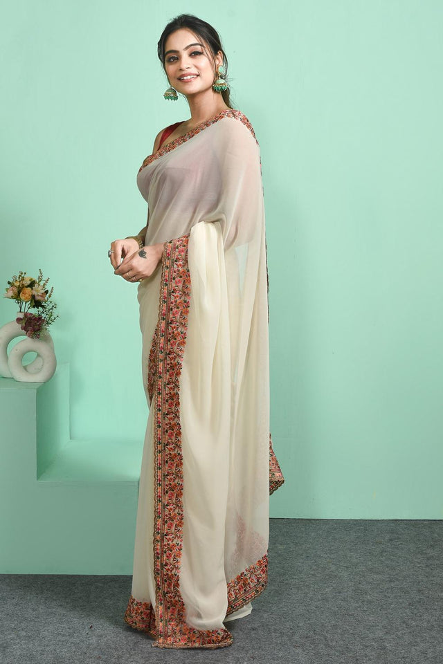 Off-White Floral Embroidered Georgette Saree (RSPCCM6C3823)