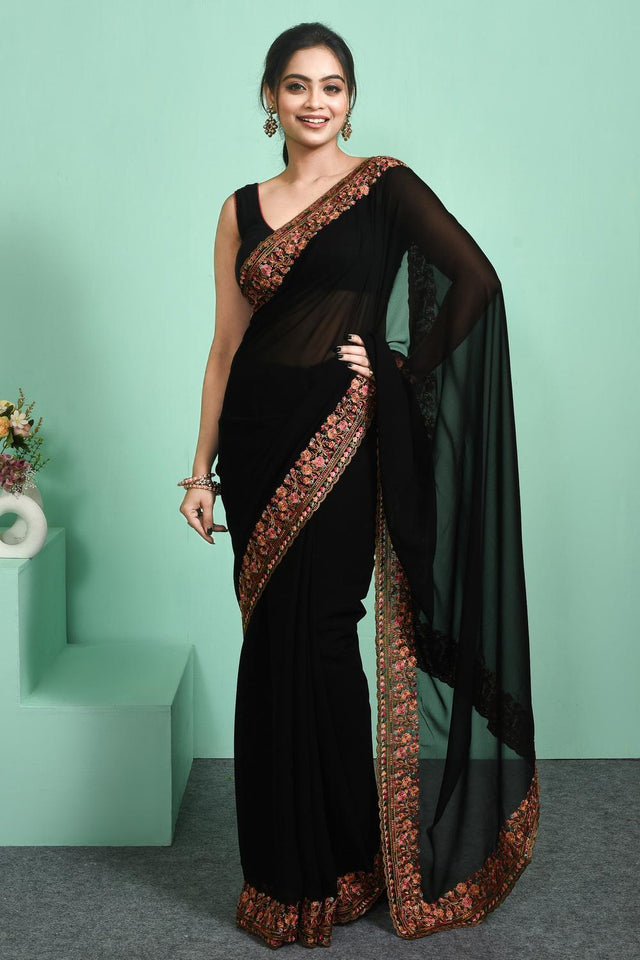 Black Floral Embroidered Georgette Saree (RSPLLM6C3795)