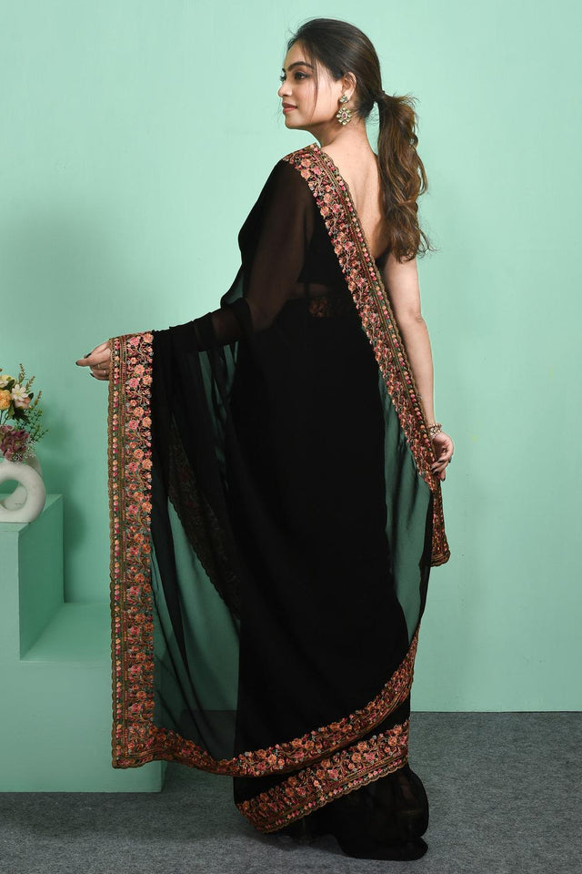 Black Floral Embroidered Georgette Saree (RSPLLM6C3795)