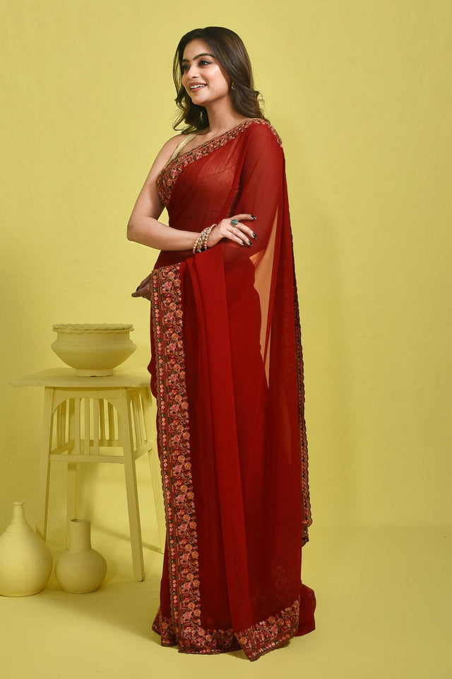 Red Floral Embroidered Georgette Saree (RSPRRM6C3766)