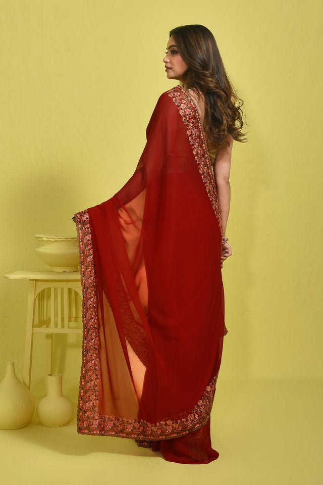 Red Floral Embroidered Georgette Saree (RSPRRM6C3766)