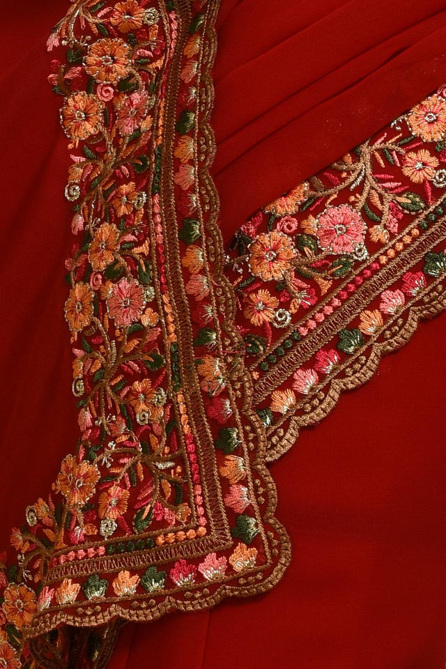 Red Floral Embroidered Georgette Saree (RSPRRM6C3766)