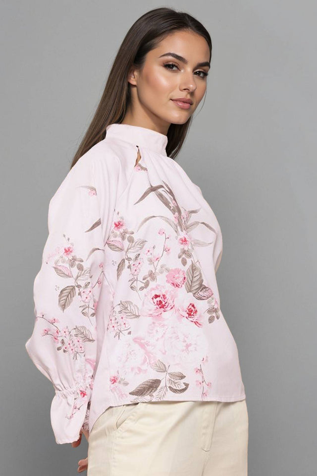 Light Pink Floral Printed Satin Tops & Tunics