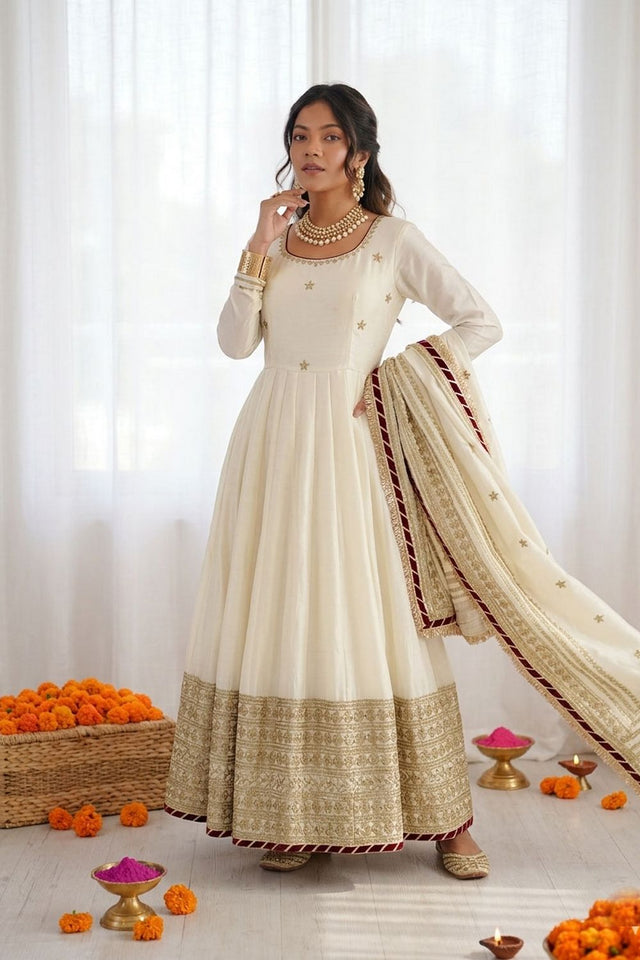 Off White Embroidered Art Silk Anarkali Suit (RT-5816)