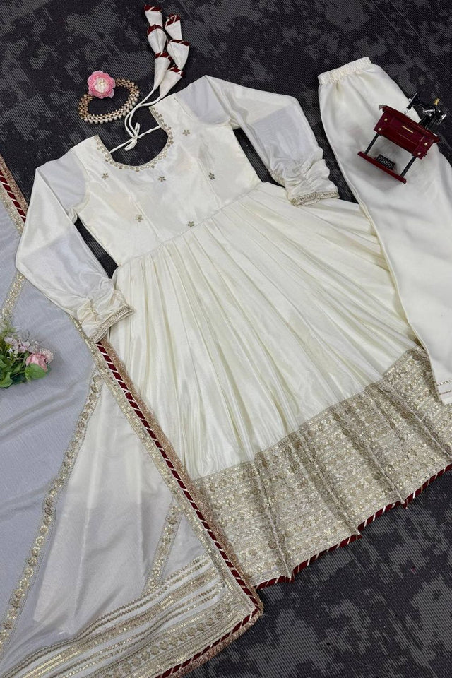 Off White Embroidered Art Silk Anarkali Suit (RT-5816)