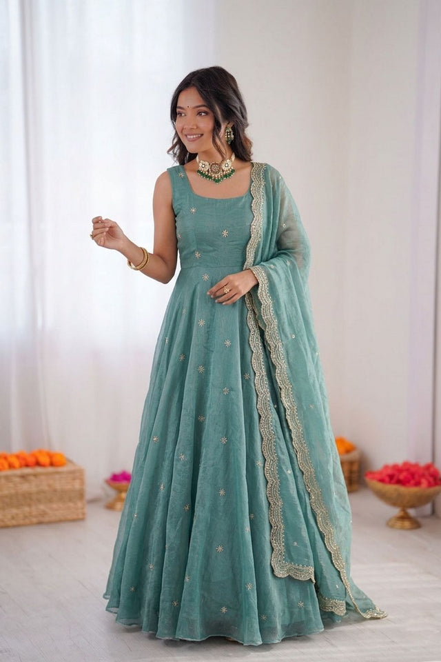 Blue Floral Embroidered Art Silk Anarkali Suit (RT-5838)