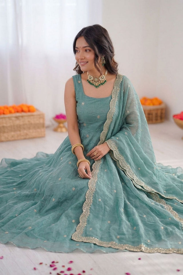 Blue Floral Embroidered Art Silk Anarkali Suit (RT-5838)