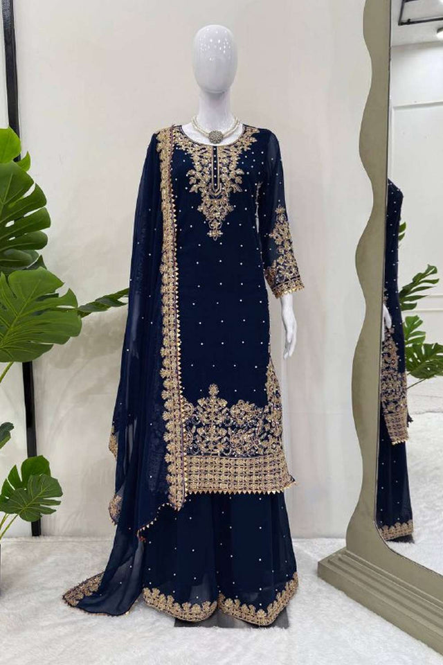 Navy Blue Sequin Georgette Palazzo Suit Set