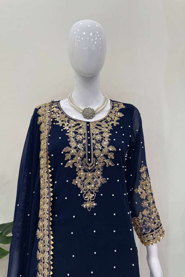 Navy Blue Sequin Georgette Palazzo Suit Set