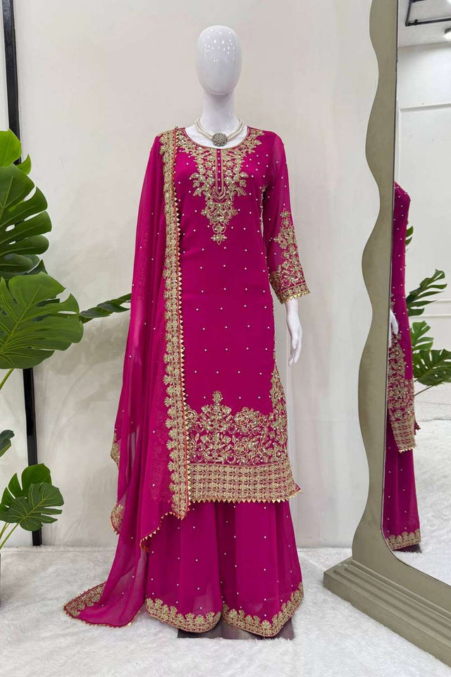 Pink Sequin Georgette Palazzo Suit Set