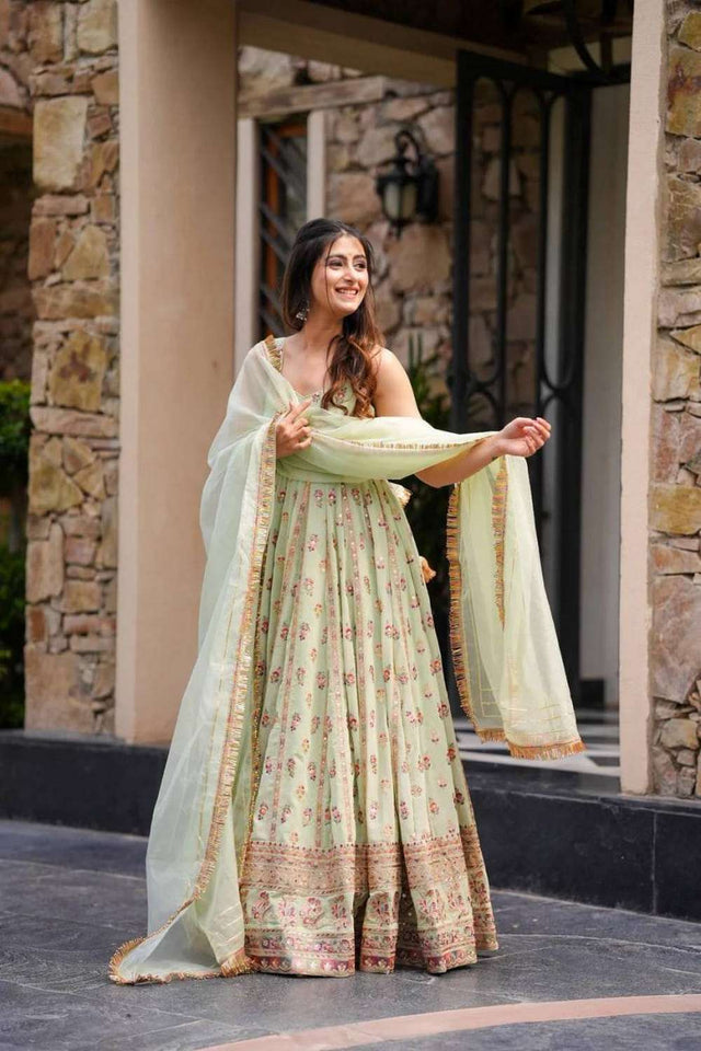Lime Green Sequin Georgette Anarakali Suit Set (RT-5903-lime green)
