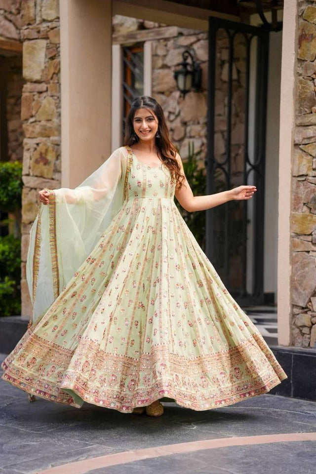 Lime Green Sequin Georgette Anarakali Suit Set (RT-5903-lime green)