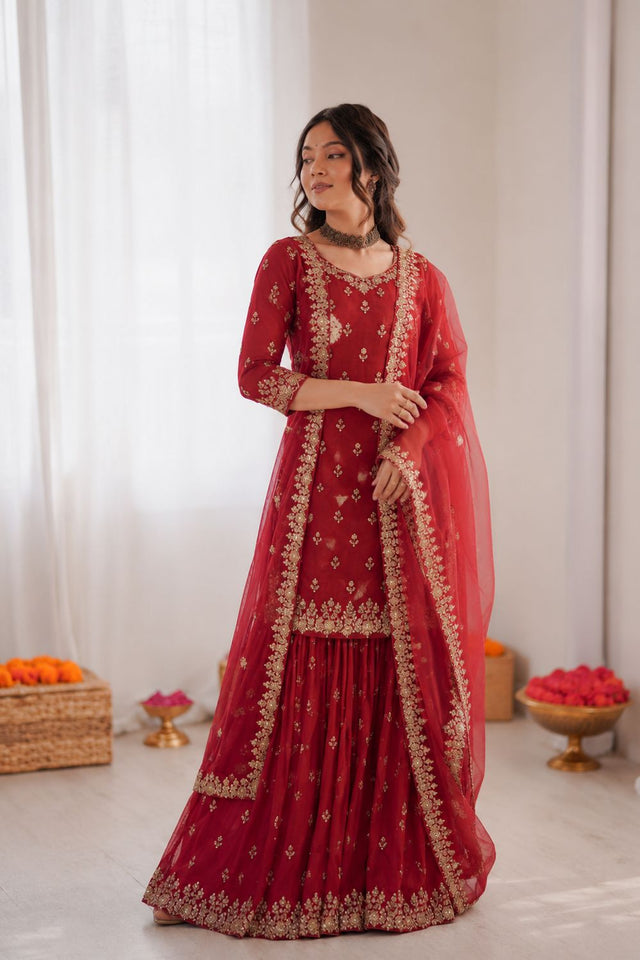 Maroon Floral Embroidered Art Silk Sharara Suit (RT-5904)
