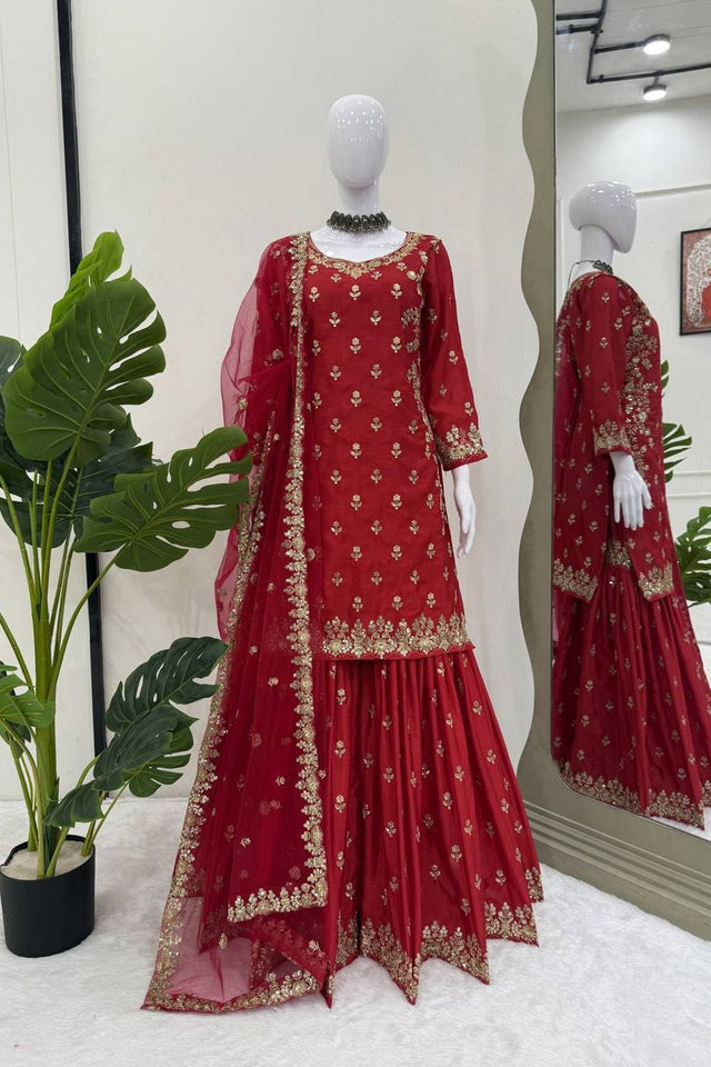 Maroon Floral Embroidered Art Silk Sharara Suit (RT-5904)