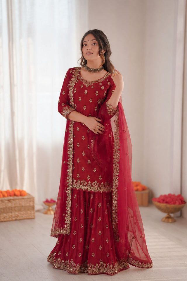 Maroon Floral Embroidered Art Silk Sharara Suit (RT-5904)