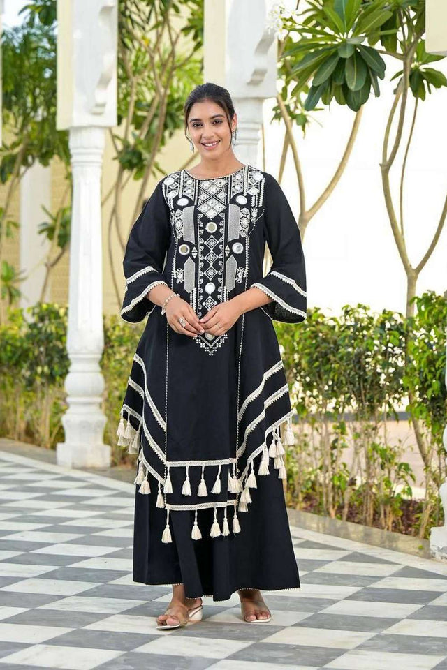 Black Embroidered Rayon Palazzo Suit Set