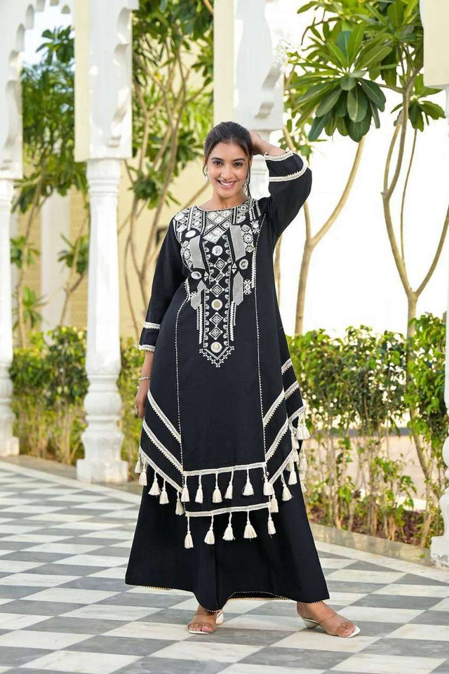 Black Embroidered Rayon Palazzo Suit Set