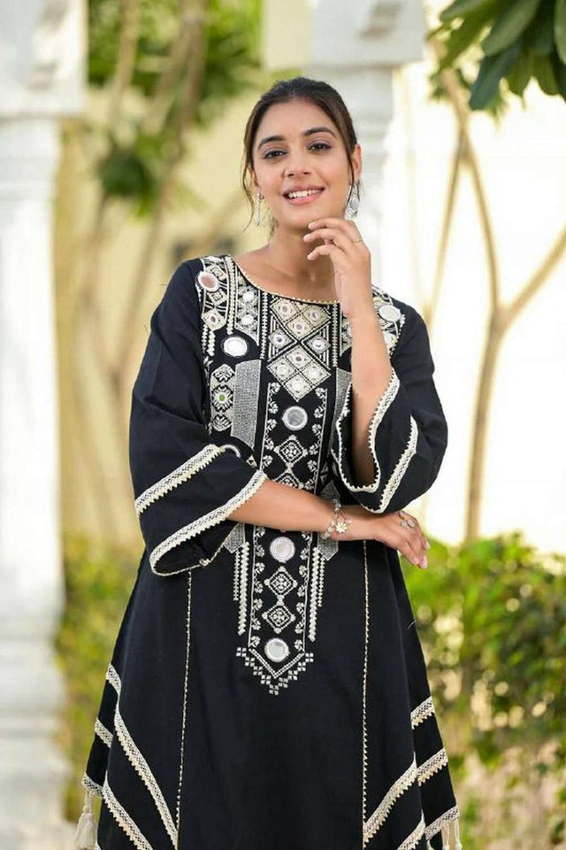 Black Embroidered Rayon Palazzo Suit Set