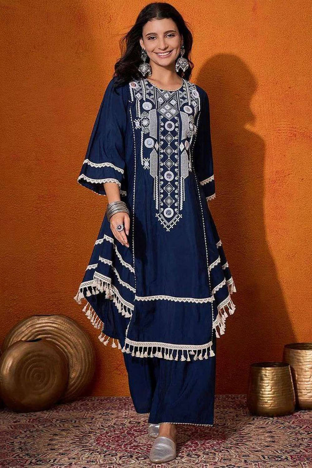 Blue Embroidered Rayon Palazzo Suit Set
