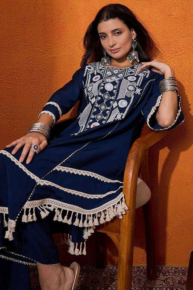 Blue Embroidered Rayon Palazzo Suit Set