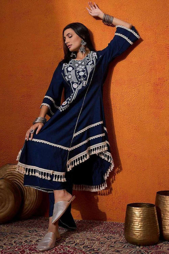 Blue Embroidered Rayon Palazzo Suit Set