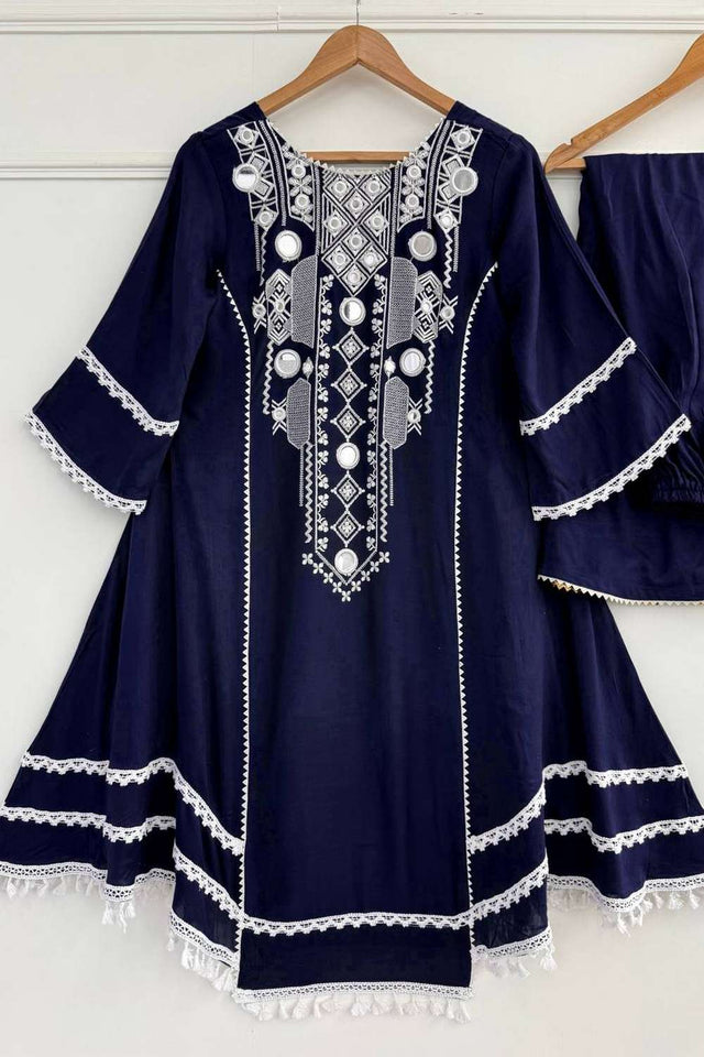 Blue Embroidered Rayon Palazzo Suit Set
