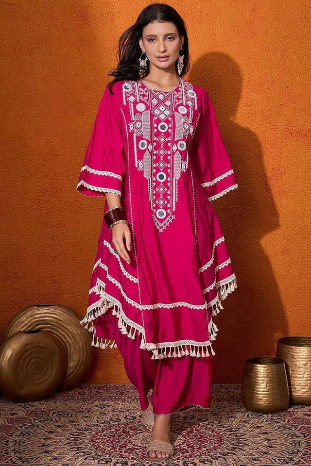 Pink Embroidered Rayon Palazzo Suit Set