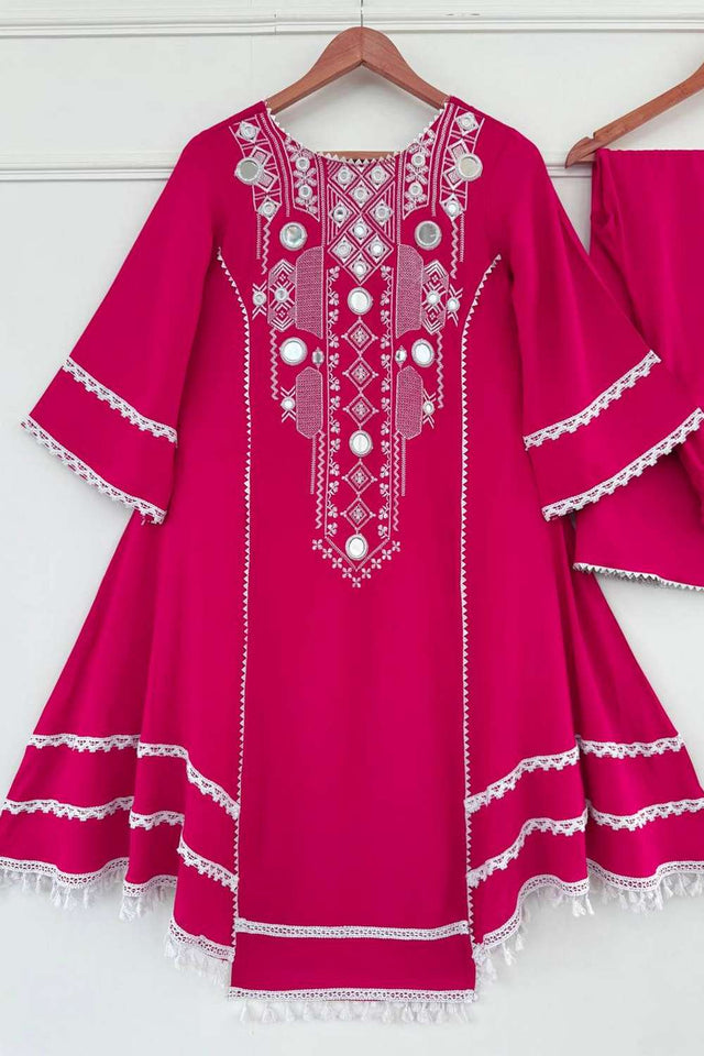 Pink Embroidered Rayon Palazzo Suit Set