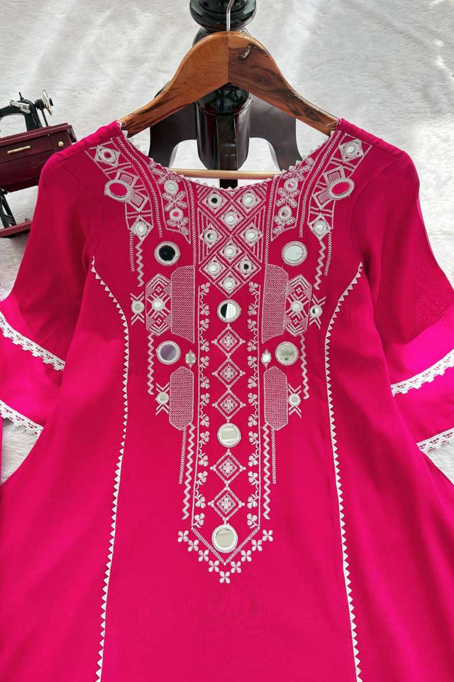 Pink Embroidered Rayon Palazzo Suit Set