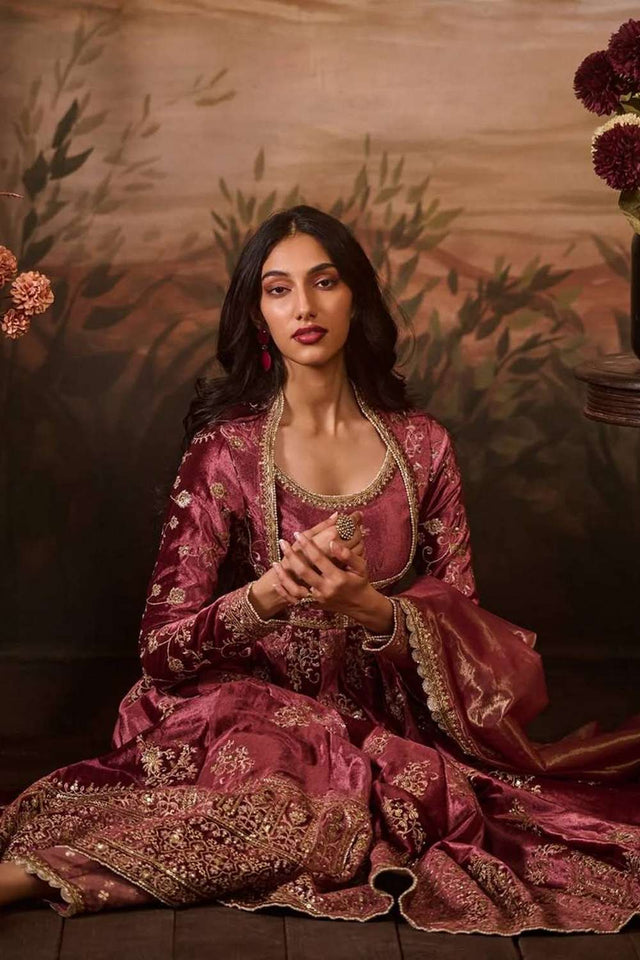 Wine Sequin with Embroidered Satin Gown