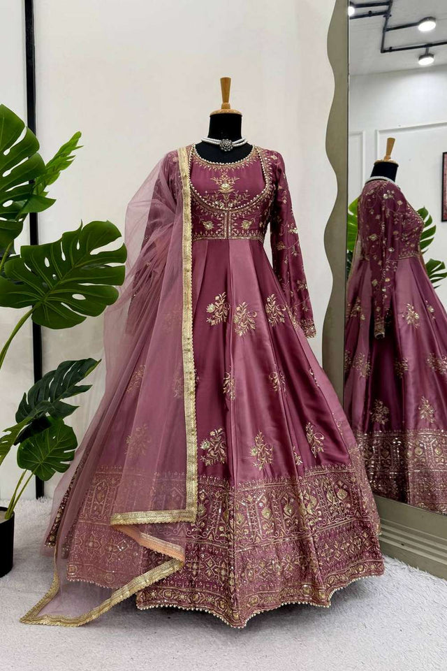 Wine Sequin with Embroidered Satin Gown