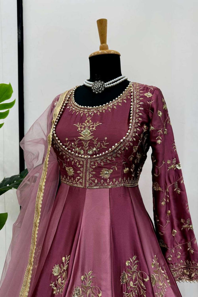 Wine Sequin with Embroidered Satin Gown