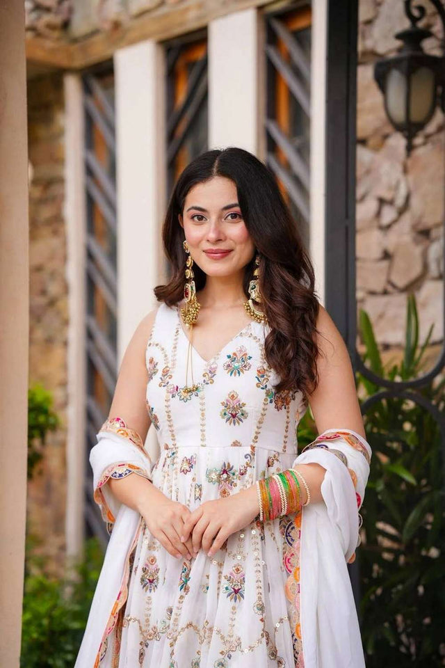 Off White Sequin with Embroidered Georgette Gown