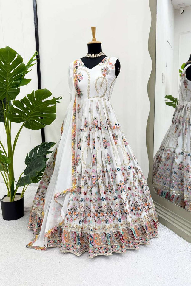 Off White Sequin with Embroidered Georgette Gown