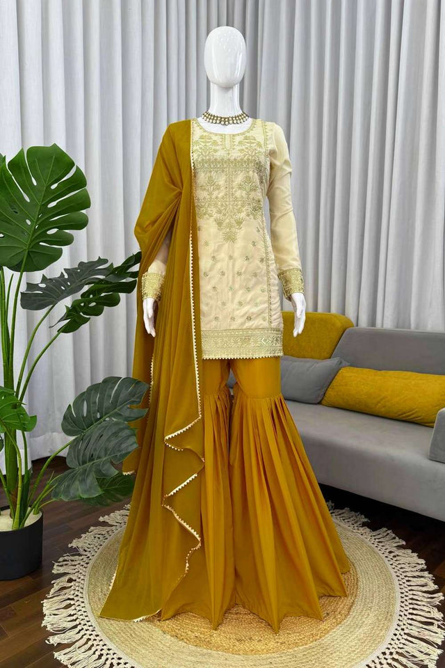Off White Sequin with Embroidered Crepe Sharara Suit Set