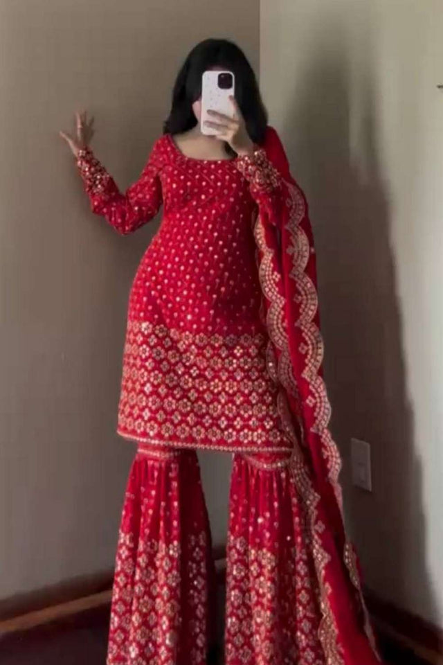Red Sequin Georgette Sharara Suit Set