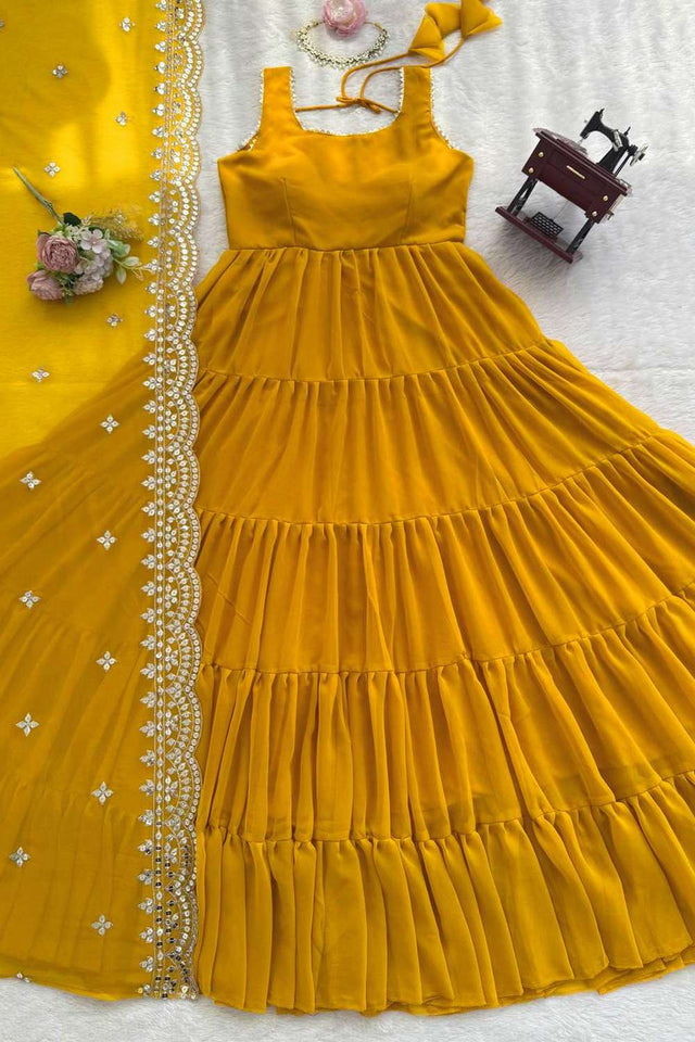 Yellow Lace Work Georgette Gown
