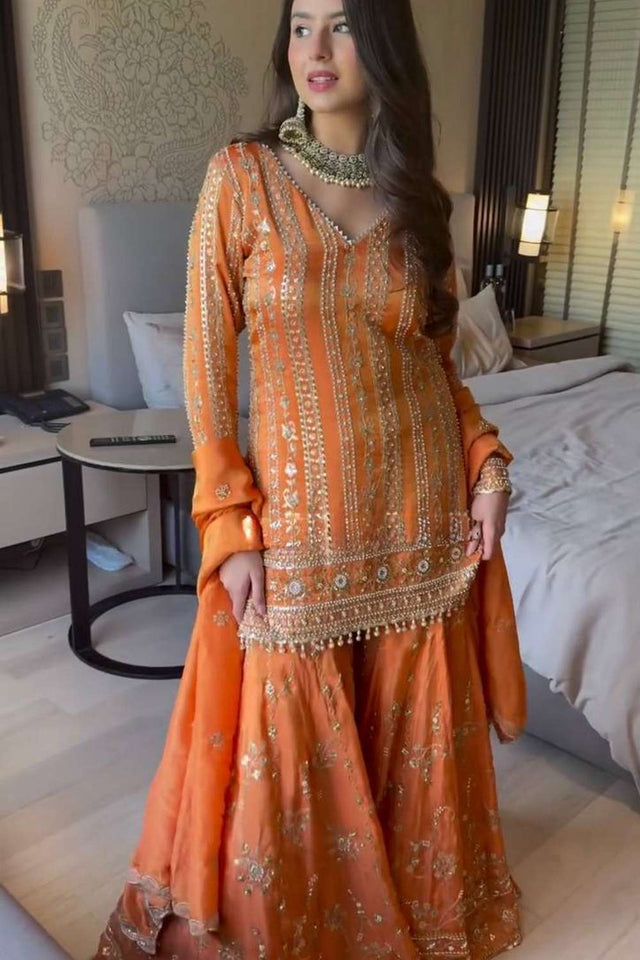Orange Sequin Georgette Sharara Suit Set