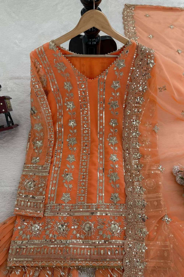 Orange Sequin Georgette Sharara Suit Set