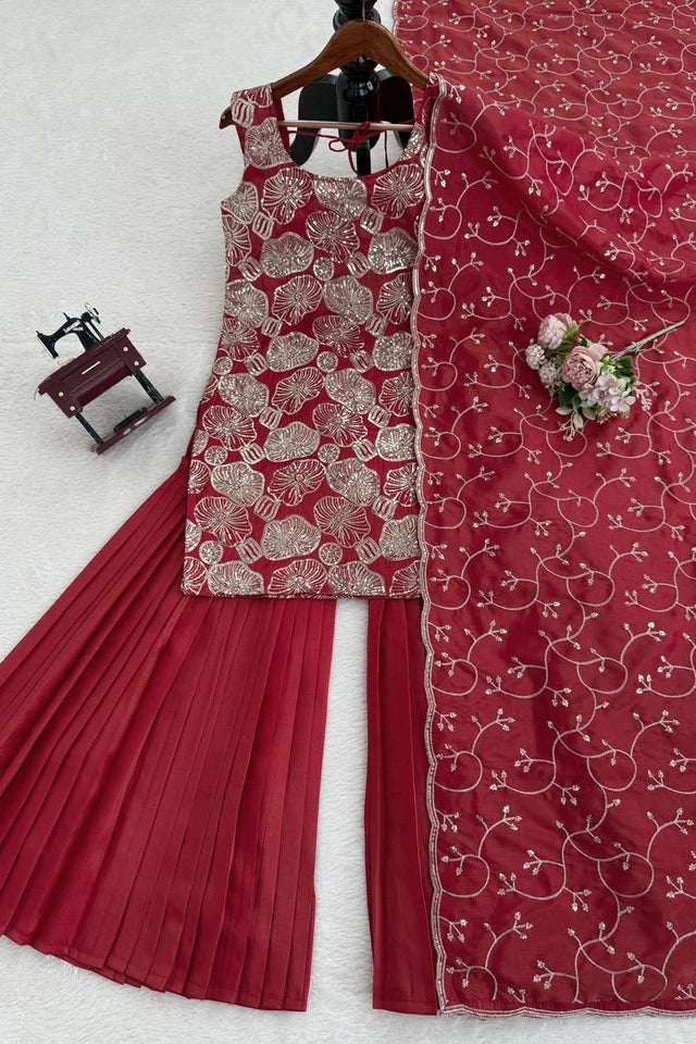 Maroon Sequin Shimmer Sharara Suit Set