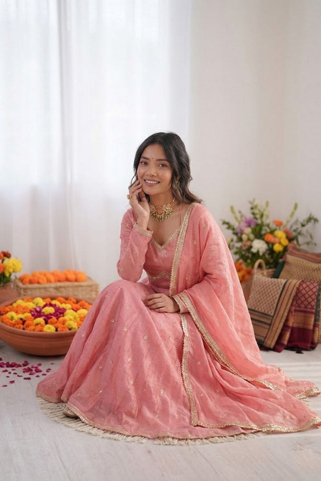 Peach Embroidered Art Silk Anarkali Suit (RT-5936-peach)