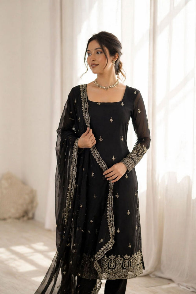 Black Floral Embroidered Georgette Straight Cut Suit (RT-5947-black)