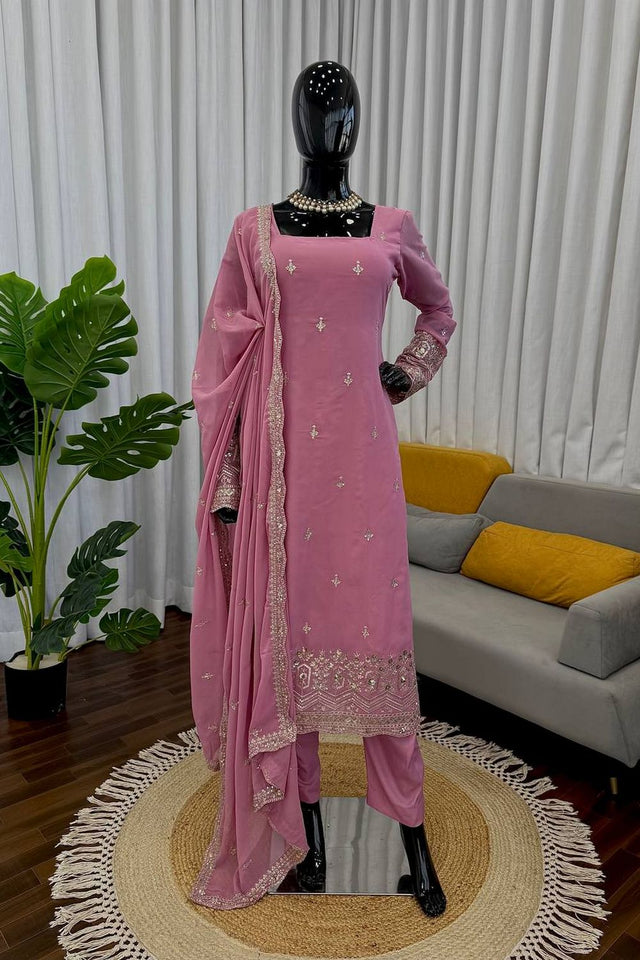 Pink Floral Embroidered Georgette Straight Cut Suit (RT-5947-pink)