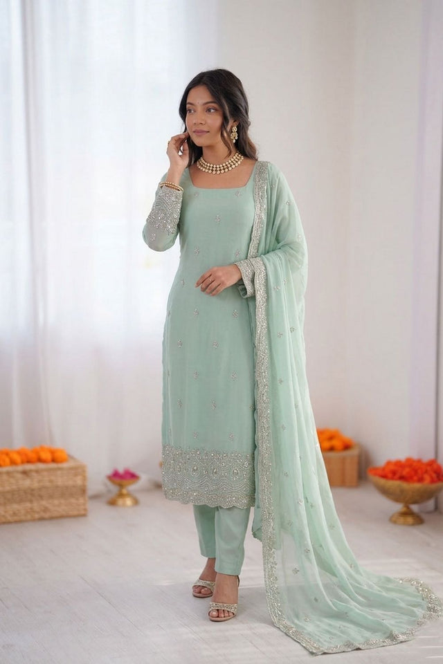 Sea Green Floral Embroidered Georgette Straight Cut Suit (RT-5947-sea green)