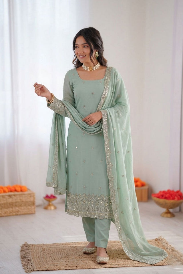 Sea Green Floral Embroidered Georgette Straight Cut Suit (RT-5947-sea green)