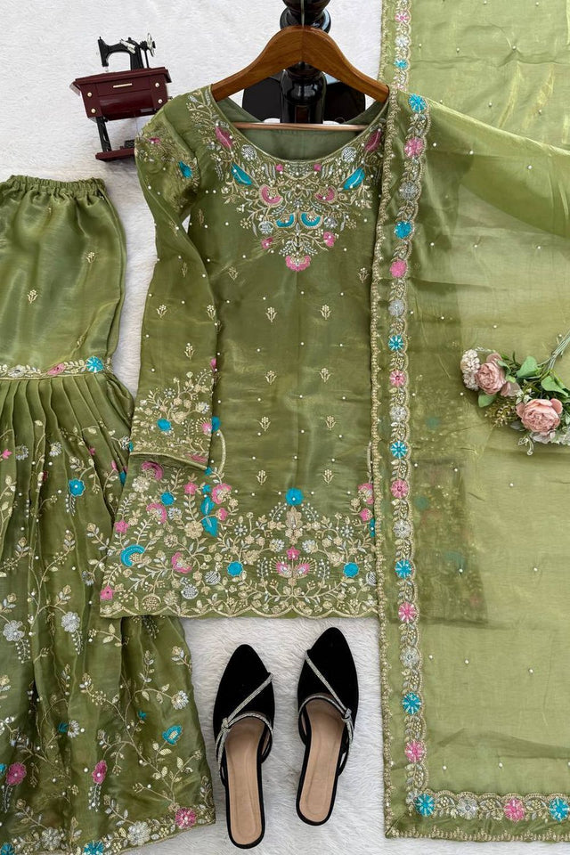 Mehendi Floral Embroidered Art Silk Sharara Suit (RT-5956-mahendi)
