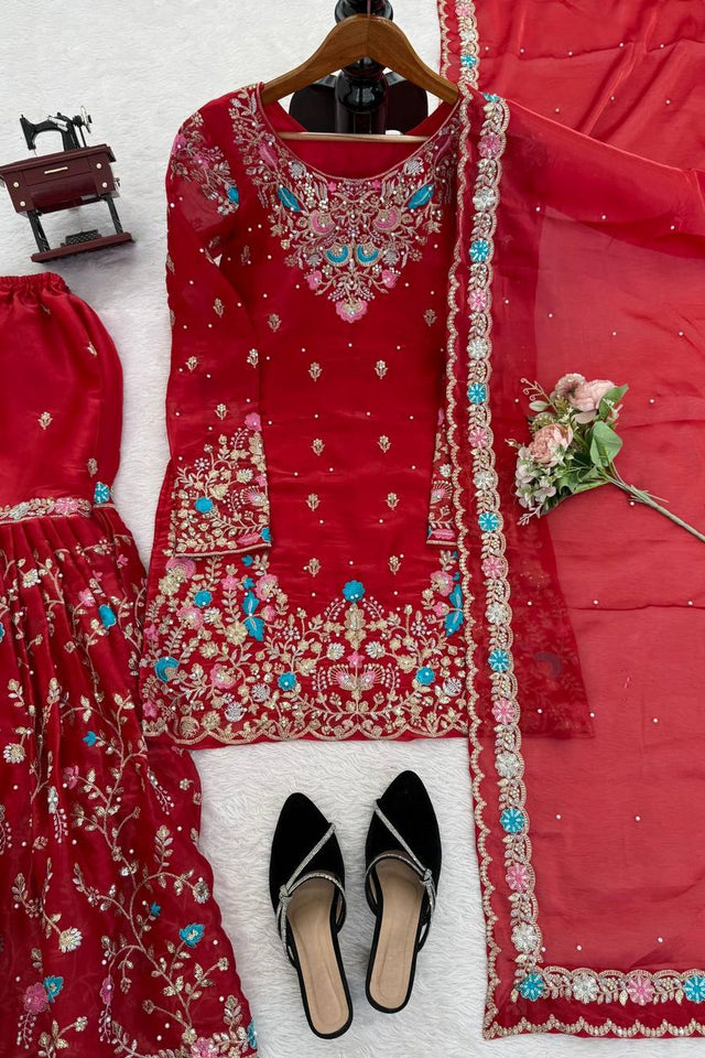 Red Floral Embroidered Art Silk Sharara Suit (RT-5956-red)
