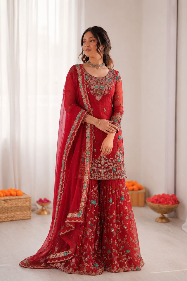 Red Floral Embroidered Art Silk Sharara Suit (RT-5956-red)